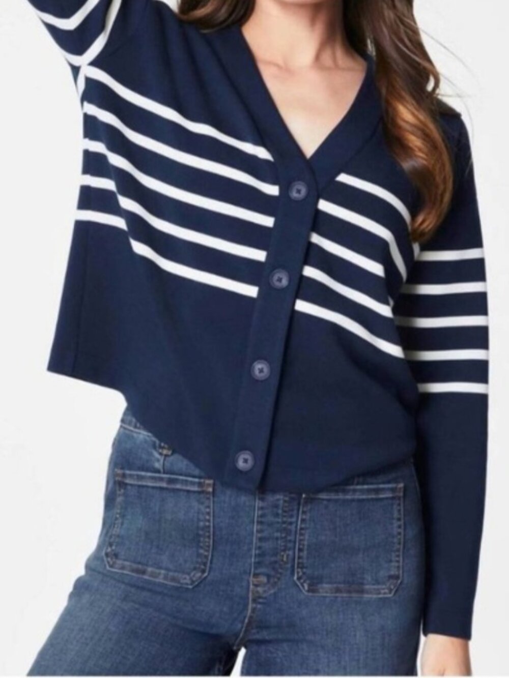NWT SPANX Air Essentials Midnight Porcelain Navy Blue Stripe Cardigan Small